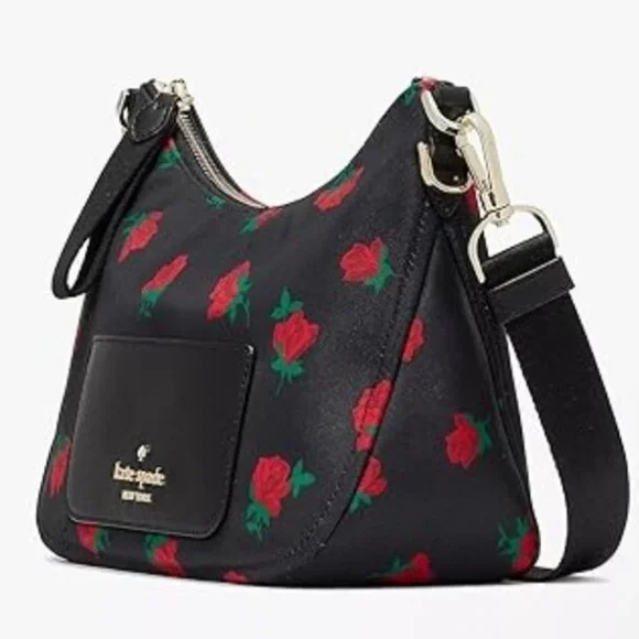 Kate Spade NewYork Chelsea Black Nylon Crossbody Bag & Pouch Red Roses KE437 - Picture 3 of 9